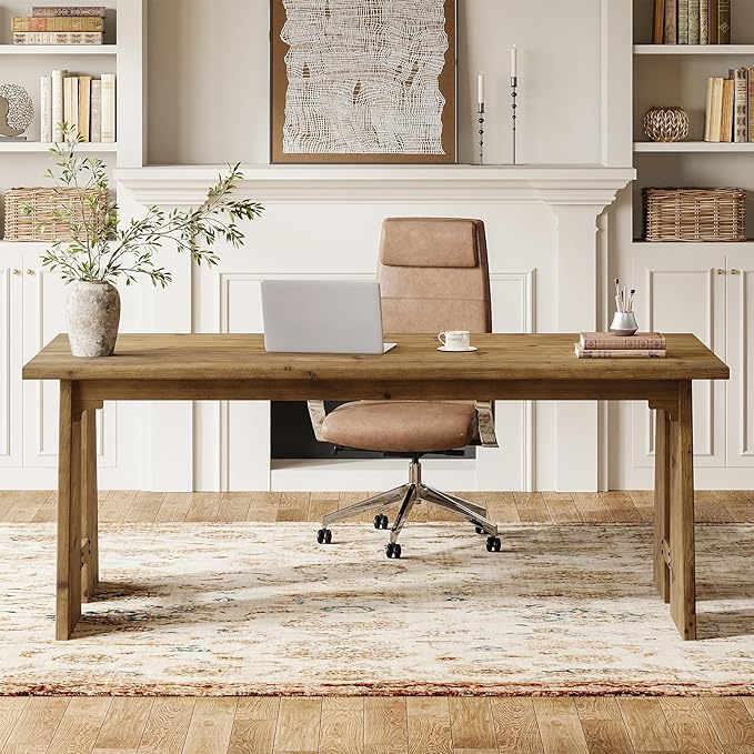 Solid Wood Executive Desk 70.9-Inch Long Office Computer Desk with Sturdy Wooden Legs Farmhouse Workstation for Home Office Rectangular Conference Table for Meeting Room (Brown)