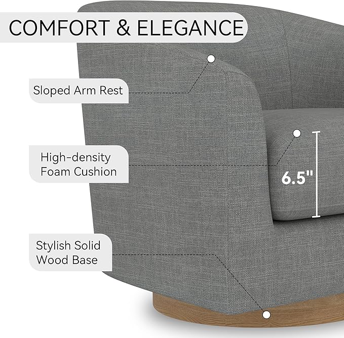 Swivel Accent Upholstered Modern Barrel-Curved Arm Linen Fabric Comfty Sofa Solid Wood Base Reading Bedroom Club Living Room Chair Charcoal Grey
