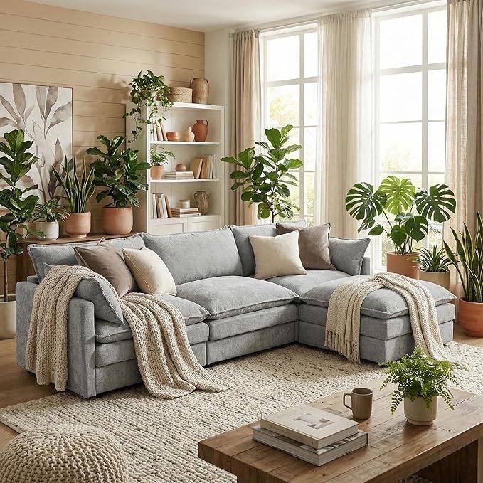 Homy Casa 102 Inch L Shaped Couch Set3-Seat Sectional Sofa with Chaise Comfortable Chenille Fabric Removable Cushions Ottoman DIY CombinationModern Design for Living/Family Room (Grey)