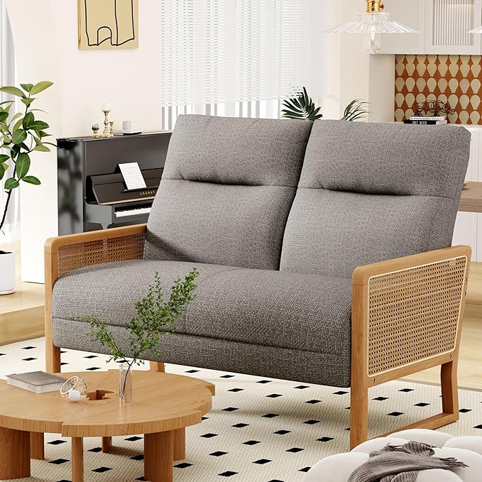 Modern Loveseat Bench Couch with Natural Rattan Arm Upholstered Linen Small Love Seat Sofa 2-Seats Living Room Couch Settee Comfy Lounge Recliner Chair-Taupe