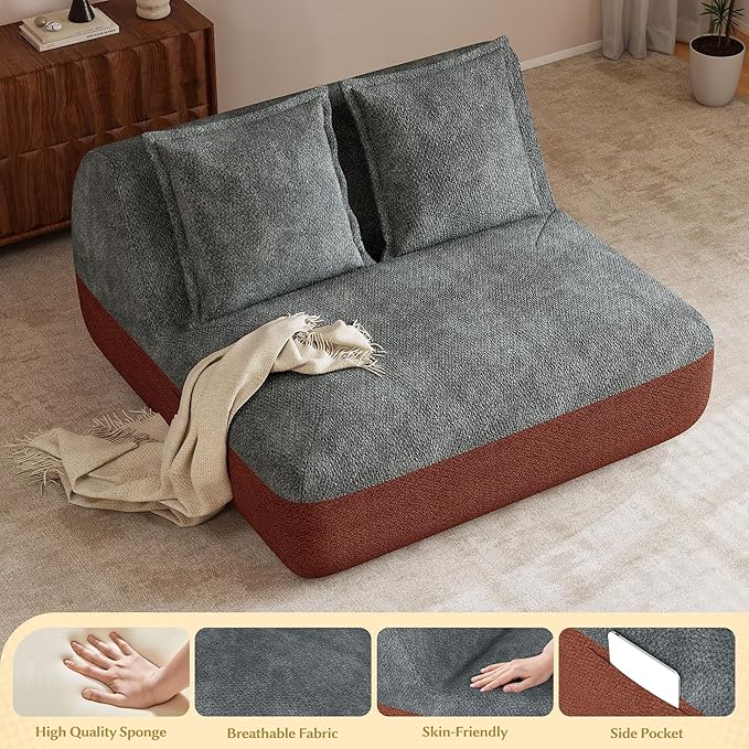 Hobestluk Small Couches for Small Spaces42” Mini Loveseat Sofa 2-Seater Armless Sofa Chair with Side Pocket for Living RoomBedroomDormOffice (Terracotta+Grey)