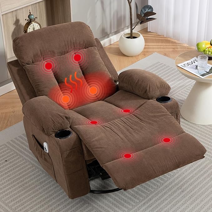 360° Swivel Rocking Chair Rocker Recliner Chair with Vibration Massage and Heat Ergonomic Lounge Chairs with Rocking Function and Side Pocket Cup Holders Brown