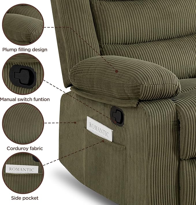 360° Swivel Rocker Recliner Chair for Adults Manual Reclining Chair with Comfortable Arms and Back Upholstered Glider Rocking with Side Pockets for Living Room Bedroom Corduroy Green