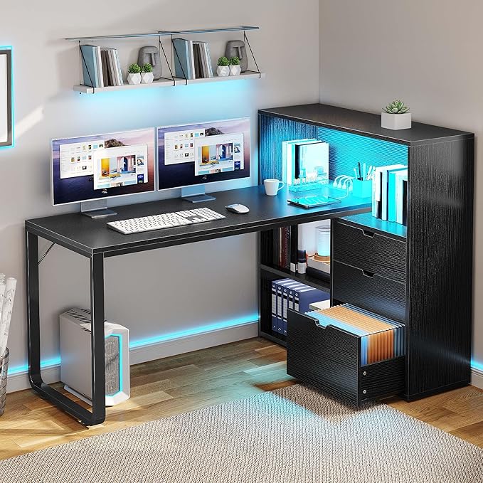 YITAHOME L Shaped Desk with Power Outlets &amp LED Lights &amp File Cabinet 55 Corner Computer Desk with 3 Drawers &amp 3 Storage Shelves Home Office Desk with Bookshelf Black