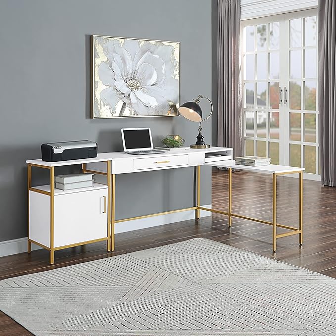 OSP Home Furnishings Modern Life Contemporary L-Shaped Desk with Large Drawer and Built-in Power Charging Port White