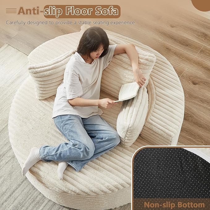 Oversized Round Chaise Lounge Chair Indoor 55'' Corduroy Deep Seat Circle Single Floor Sofa Chairs Modern Upholstered Sponge Armchair Cloud Sleeper Chair for Living Room Bedroom Apartment Beige