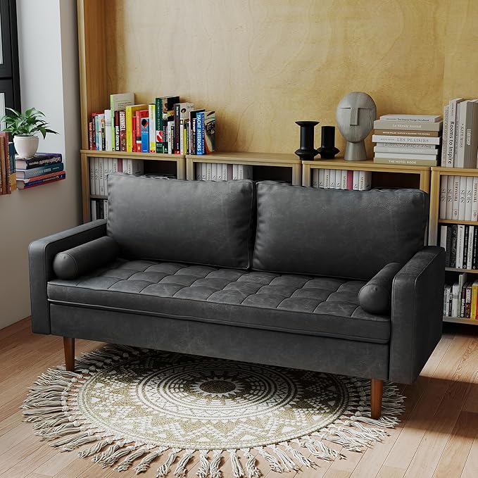70 Loveseat Sofa Couch Mid-Century Vintage Couches 2 Seat Faux Leather with Solid Wood Frame Deep Seat 2 Pillows for Living Room Apartment Office Small Spaces Charcoal