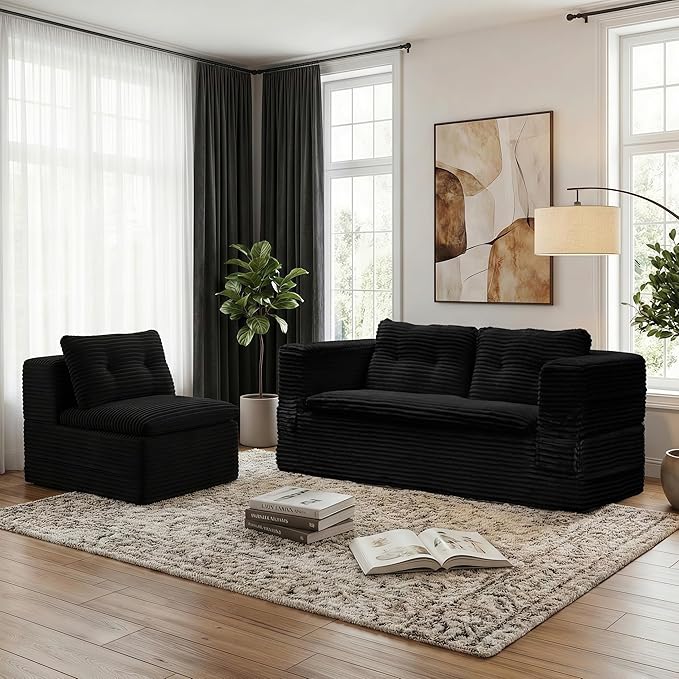 80-inch Folding futon Sofa Bed Full-Size Convertible Sleeper Couch Bed Memory Sponge Double Sofa with Comfortable Mattress Suitable for Living Room (Black Sofa Set 80'' inches+blanket)