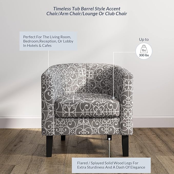 BELLEZE Accent Barrel Chair Linen Round Chair Club Tub Sofa Corner Chair with Flared Legs and Cozy Soft Padding for Living Room Bedroom Waiting Room - White &amp Gray