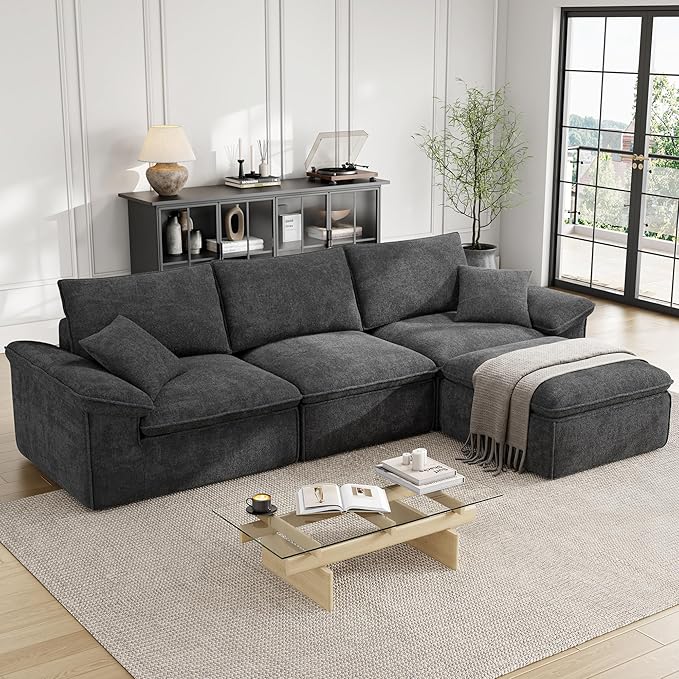 LIKIMIO 120 L-Shaped Modular Sectional Sofa Cloud Sectional Couch with Deep Seat Comfy Teddy Upholstery Oversized 3-Seater with Ottoman Boneless Couch for Living Room No Assembly Dark Grey