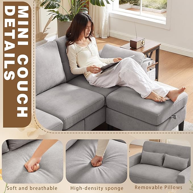 2 Piece Sectional Sofa Set 3-Seater L Shaped Couch with Storage Ottoman 2 Seat Loveseat Comfy Sofa Set Polyester Fibre for Living Room Light Grey
