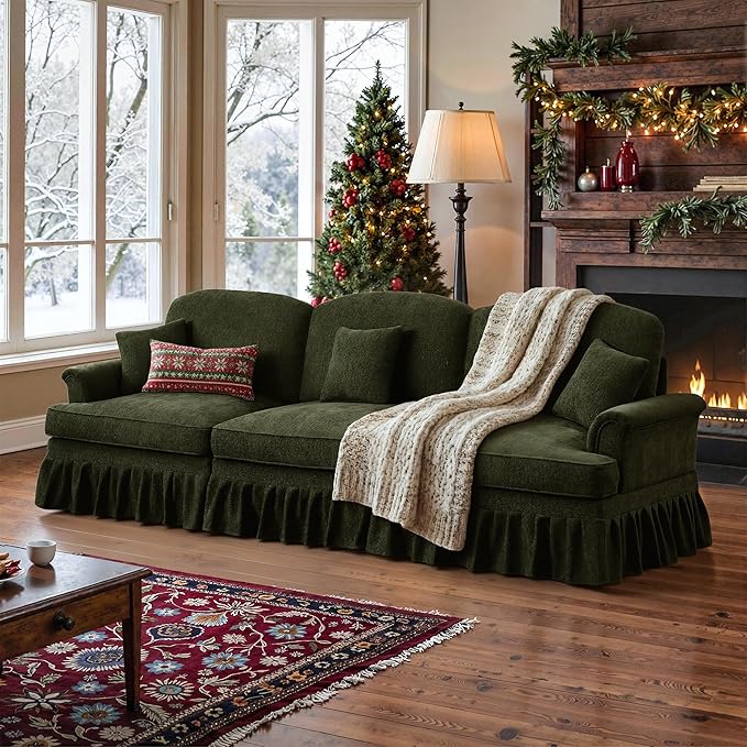 107 Modular Sectional Sofa for Living Room Comfy Chenille 3 Seat Couch with Detachable Ruffled Skirt Flared Arms Spindle Legs Traditional Sofa for Living Room Apartment(Green)