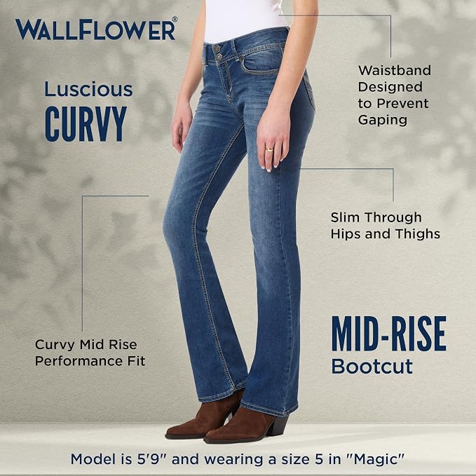WallFlower Luscious Curvy Bootcut Jeans for Women Mid-Rise Insta Stretch Denim Size-Inclusive Juniors Jeans
