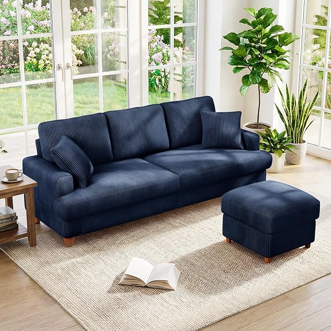 Kidirect 87in L Shaped Couch Modular Sofa No Tool Assembly Comfy Sectional Couches for Living Room 21in Deeper Seats Corduroy Sofas for Living Room with 2 Pillows Loveseat Sofa Set Blue Couch | C