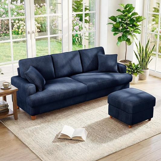 Kidirect 87in L Shaped Couch Modular Sofa No Tool Assembly Comfy Sectional Couches for Living Room 21in Deeper Seats Corduroy Sofas for Living Room with 2 Pillows Loveseat Sofa Set Blue Couch | C