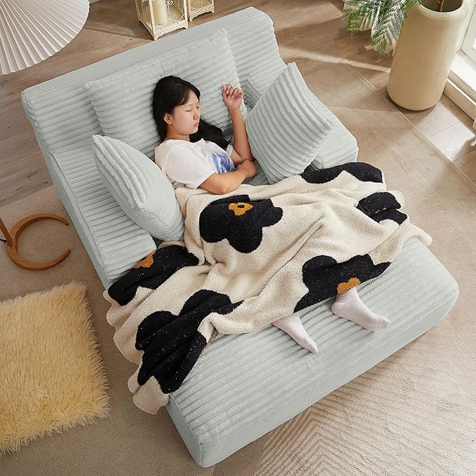 67 Inch Boneless Couch Oversized Chaise Lounge Sofa Corduroy Chaise Lounge Chair Indoor with Comfy Pillows for Living Room Bedroom Foam Filling No Assembly (Light Grey)