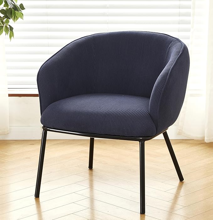 Modern Corduroy Accent Chair with Channel Back Design Black Metal Legs and Soft Upholstery Comfortable Seating for Living Room Bedroom or Office Blue