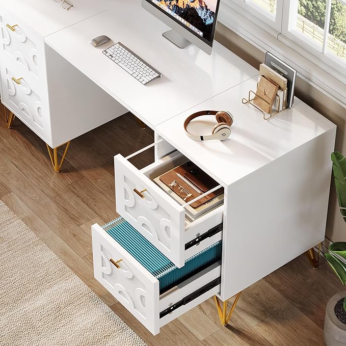 Tribesigns White and Gold Computer Desk 59'' Modern Writing Table with File Drawers Luxury Home Office Executive Desk with Gold Metal Legs for Work or Vanity Use