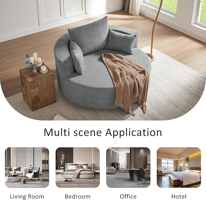 Merax 56 W Accent Chair 360°Swivel Chair with Seat Depth and 3 Removable Pillows Round Barrel Chenille Upholstered Lounge Armchair Sofa Couch for Living Room Bedroom Office or Hotel Grey