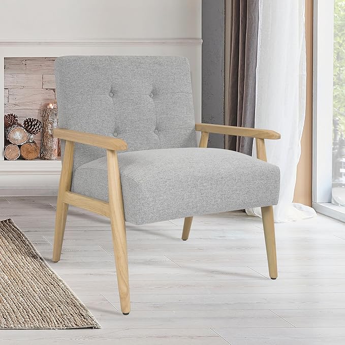 Mid-Century Modern Accent Chair Natural Wood Frame (Gray Woven)