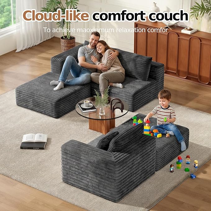 MoonSpeak 106 Sectional Boneless Couch for Living RoomModern Modular Cloud Couch with Deep SeatUpholstered Sleeper Sofa with 2 OttomanConvertible Folding CouchesNo Assembly (Gray)