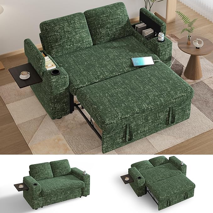 Vipbear 65 Loveseat Sleeper Sofa with Pull Out Bed Chenille 3-in-1 Convertible Sofa Bed with Reclining Backrest|USB Ports|Cup Holders|Side Table|Storage Armrests Tool Free Assembly Green