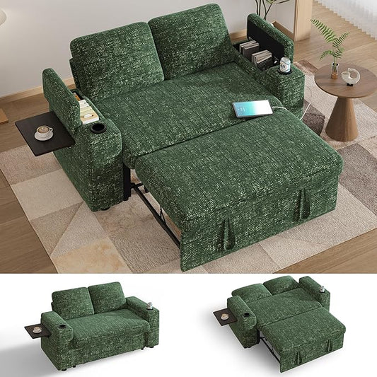 Vipbear 65 Loveseat Sleeper Sofa with Pull Out Bed Chenille 3-in-1 Convertible Sofa Bed with Reclining Backrest|USB Ports|Cup Holders|Side Table|Storage Armrests Tool Free Assembly Green