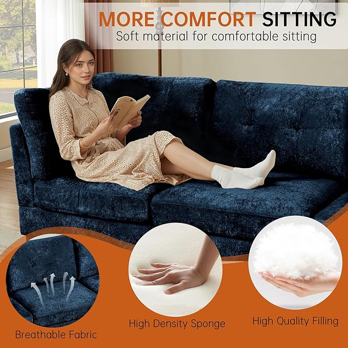99 Sectional Couch for Living Room Oversized 3-Seater L Shape Sofa with Deap Wide Seat Movable Ottoman Polyester Fabric Blue