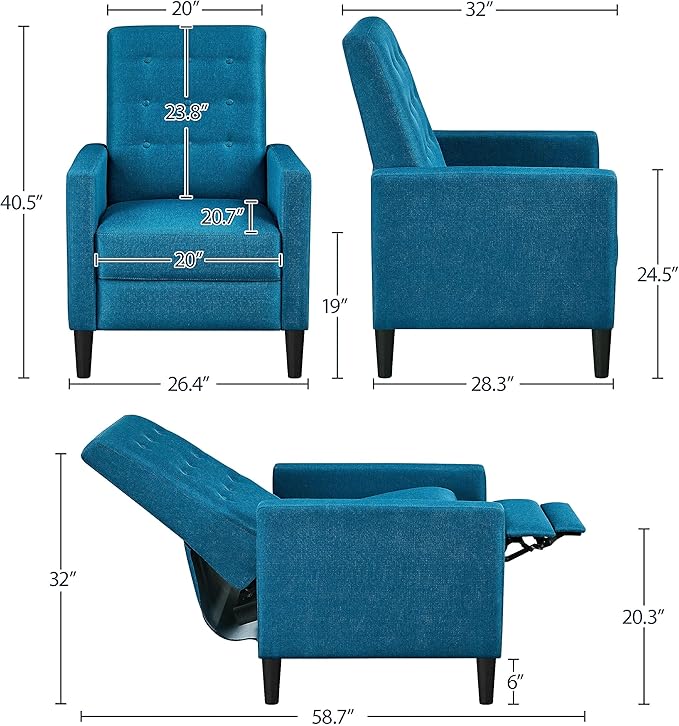 Topeakmart Mid-Century Modern Fabric Recliner Modern Tufted Reclining Single Sofa for Living Room Padded Cushion Home Theater Seat Blue