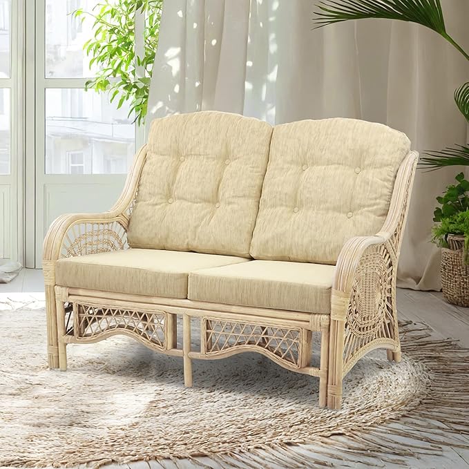 Wickerix Malibu Lounge Loveseat Natural Color Sofa Natural Rattan Wicker Handmade Design with Cream Cushions
