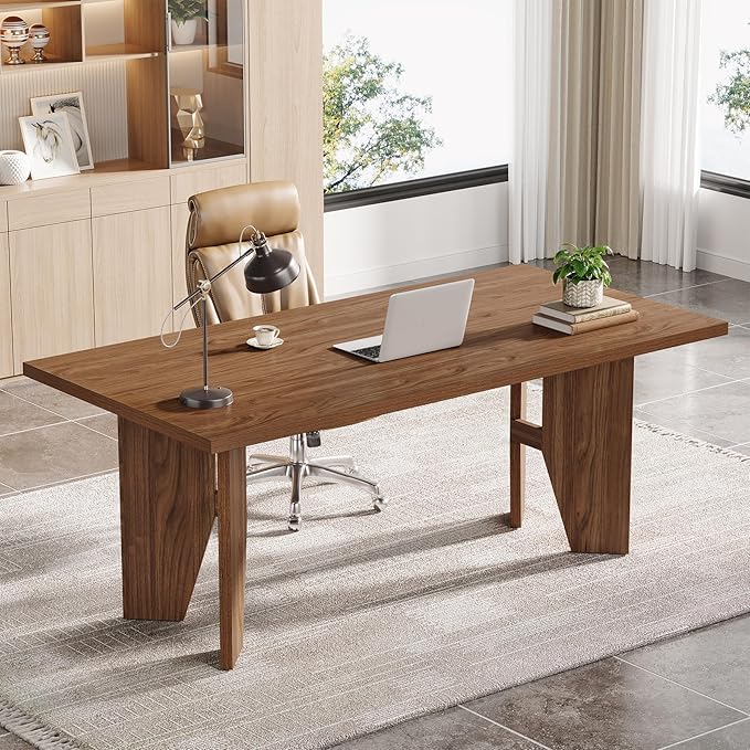 Tribesigns 63 Executive Desk Mid-Century Modern Office Computer Desk with Sturdy Legs Large Wooden Workstation Writing Table Farmhouse Business Furniture for Home Office Brown
