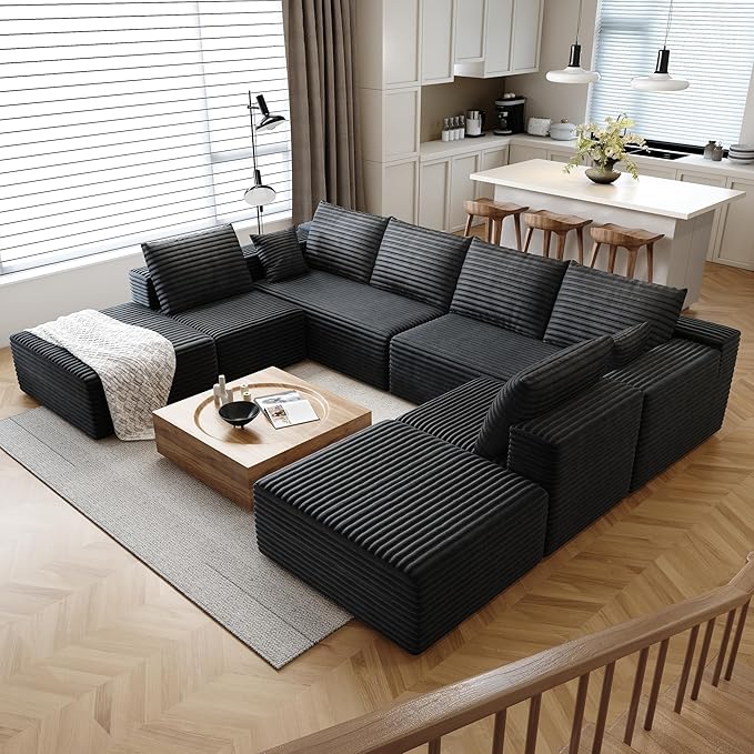 139.4 Cloud Sectional Sofa for Living Room Plush Corduroy Cover Fluffy Memory Foam Cushions No Assembly Required U Shaped Modular Chaise Lounge Oversized Comfortable Couches Set Black