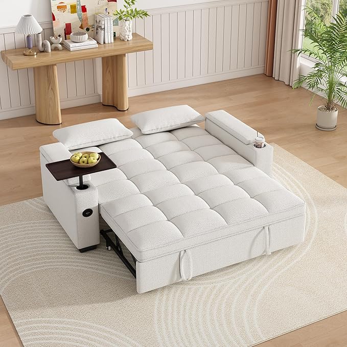 Dreamzie 65'' 3 in 1 Convertible Sleeper Sofa Bed Chenille Pull Out Couch for Living Room with 90° Swivel Side Table Loveseat Sleeper with Charging Port | Side Pocket | Cup Holders Beige