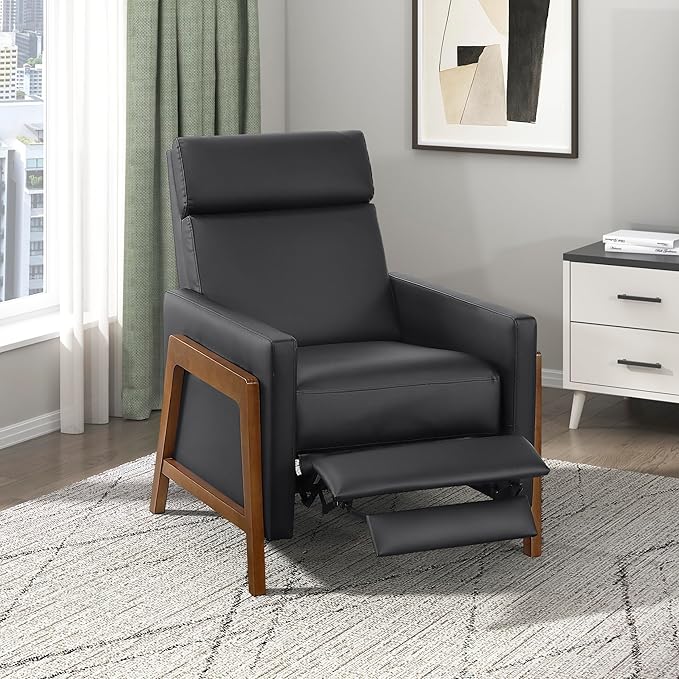 Lexicon Push Back Recliner Chair Faux Leather Upholstered Reclining Chair with Footrest Exposed Dark Brown Finish Wood Frame Small Recliner for Small Space Living Room Bedroom Black