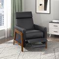 Lexicon Push Back Recliner Chair Faux Leather Upholstered Reclining Chair with Footrest Exposed Dark Brown Finish Wood Frame Small Recliner for Small Space Living Room Bedroom Black