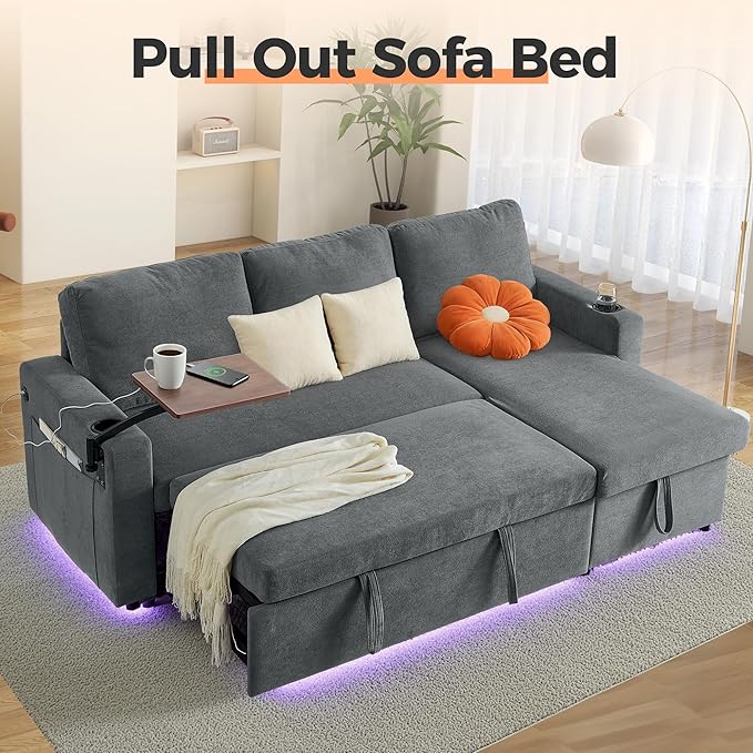 LED Sectional Sleeper Sofa with Pull Out Bed Convertible L Shaped Sofa with Storage Chaise Lounge Retractable Table USB Cup Holders Comfy 3-Seater Sleeper Couch for Living Room (Grey)