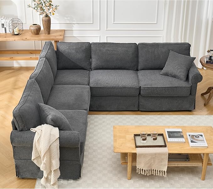 Modular Sectional Sofa SetConvertible L Shaped Couch5 SeatReversible Sectional Sofa CouchUpholsteredCorner SofaRolled ArmsSoft Linen Fabric (Dark Gray)