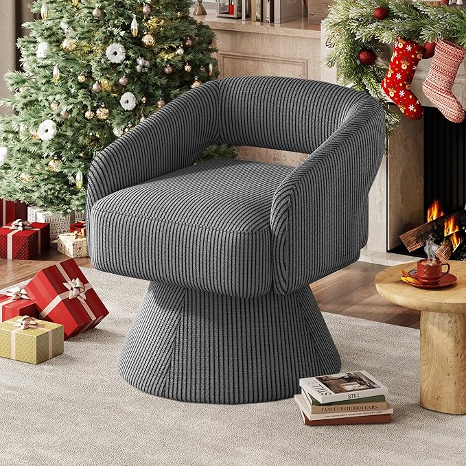 LINSY Swivel Chairs Set of 2 360 Modern Swivel Accent Chair Boucle Barrel Accent Chair Gray Corduroy Chair Small Round Chair for Small Spaces Bedroom Living Room