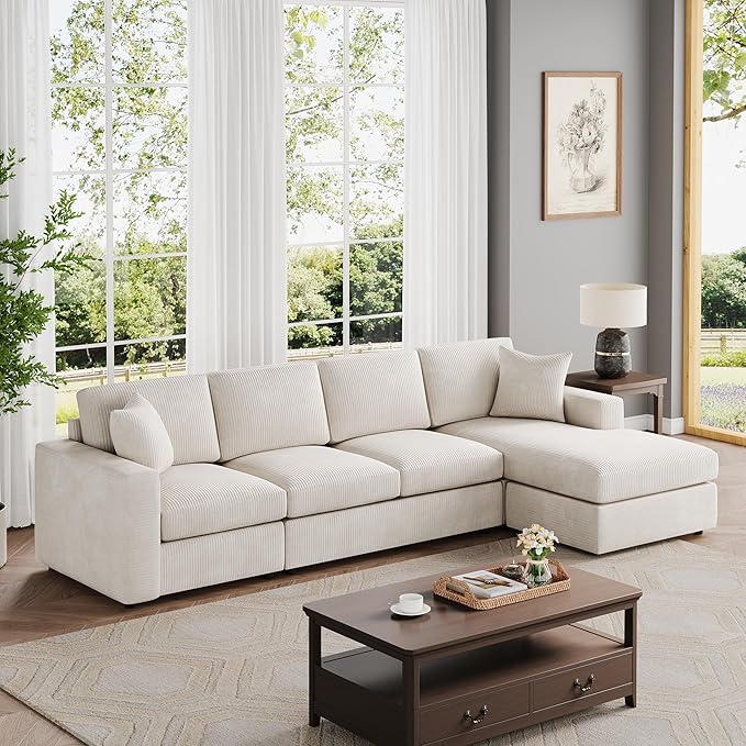 VANOMi 119 L-Shaped Sectional Sofa with Reversible Chaise Modern Corduroy Couch with Deep Seats 4-Seater Upholstered Sofa for Living Room or Apartment Beige