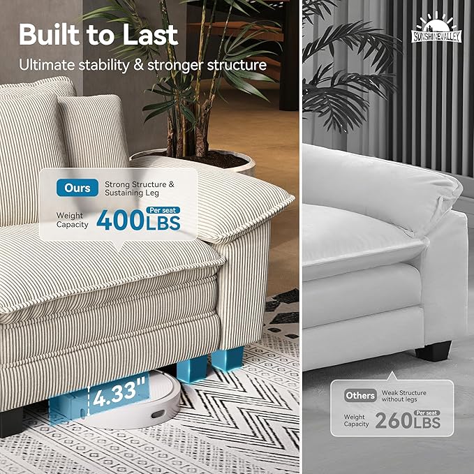 U Shaped Modular Cloud Couch 123.6'' Comfy Corduroy Sectional Sofa with Wider Armrest and Ottoman Upholstered 5-Seat Modern Deep Seat for Bedroom Living Room Beige