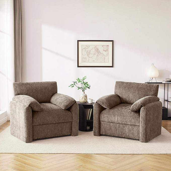 Chenille Oversized Armchair 38.6' Wide Accent Chairs for Living Room &amp Bedroom Modern Lounge Chair Upholstered Mid-Century Reading Chair (Brwon 2 Pack)