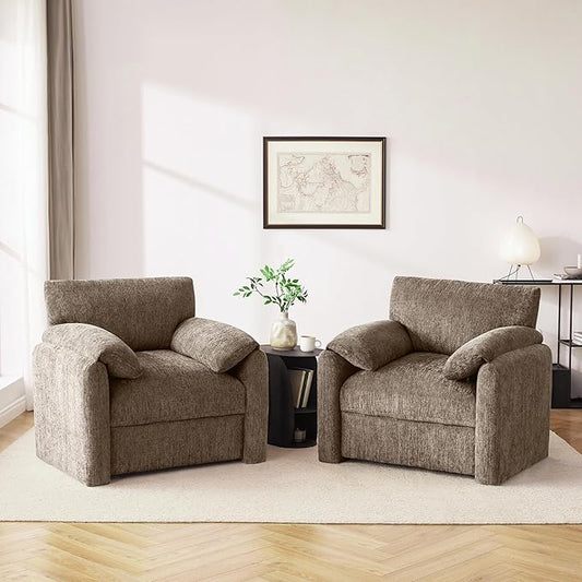 Chenille Oversized Armchair 38.6' Wide Accent Chairs for Living Room &amp Bedroom Modern Lounge Chair Upholstered Mid-Century Reading Chair (Brwon 2 Pack)