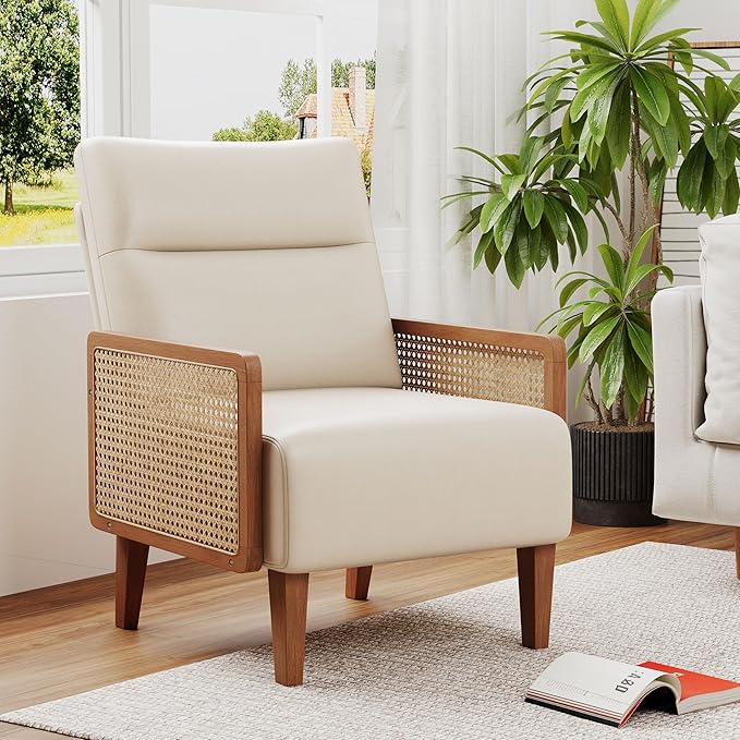 Mid Century Accent Chair Wooden Leisure Armchair with Rattan Armrest Boho Modern Comfy Reading Chair for Living Room Bedroom Lounge Side Club ChairBeige