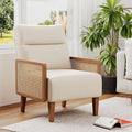 Mid Century Accent Chair Wooden Leisure Armchair with Rattan Armrest Boho Modern Comfy Reading Chair for Living Room Bedroom Lounge Side Club ChairBeige