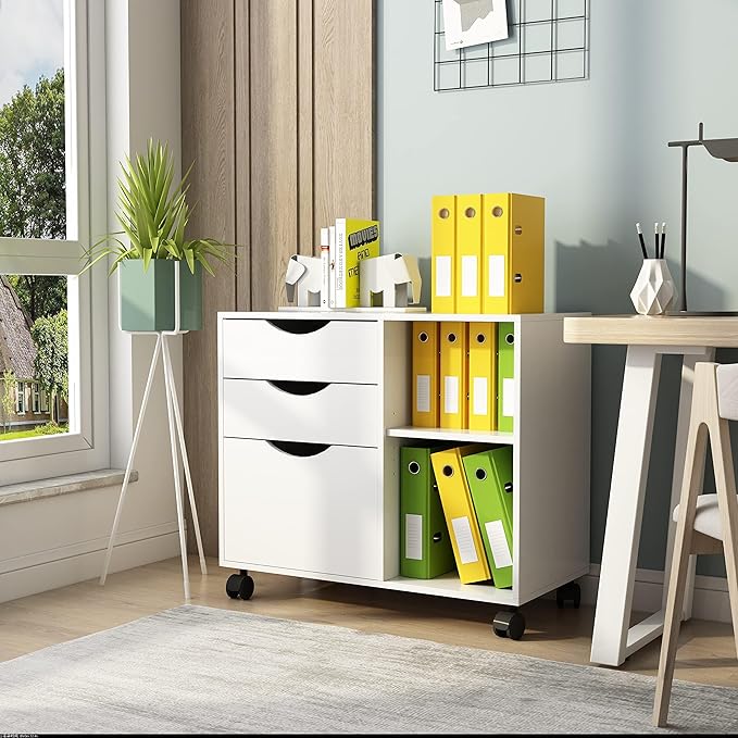 QDSSDECO 3-Drawer with Shelf Wood File Cabinet Mobile Lateral Filing Cabinet with Rolling Wheel Printer Stand and Open Adjustable Storage Shelves for Home Office White