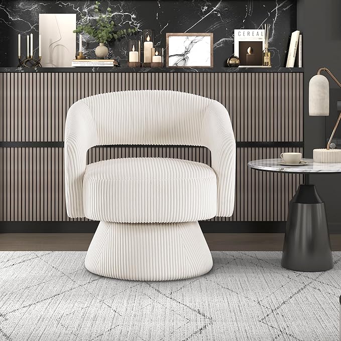 Lexicon 360 Degree Swivel Accent Chair Modern Comfy Corduroy Round Barrel Chair Open Back Plush Foam Cushions Metal Swivel Base for Living Room/Bedroom/Office Beige