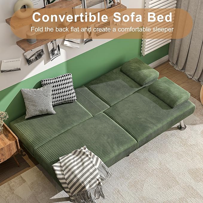Shahoo Modern Upholstered Convertible Folding Futon Sofa Bed with Removable Armrests Metal Legs 2 Cup Holders for Living Room Green