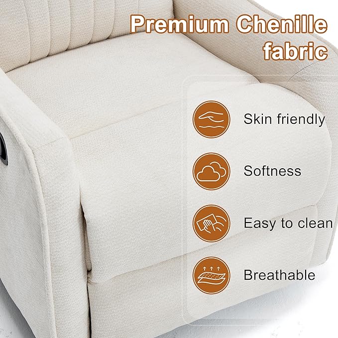 Manual Swivel Rocker Recliner Chair for Adults Overstuffed Glider Chair for Nursery with Massage and Heat Living Room Reclining Chair Fabric Beige