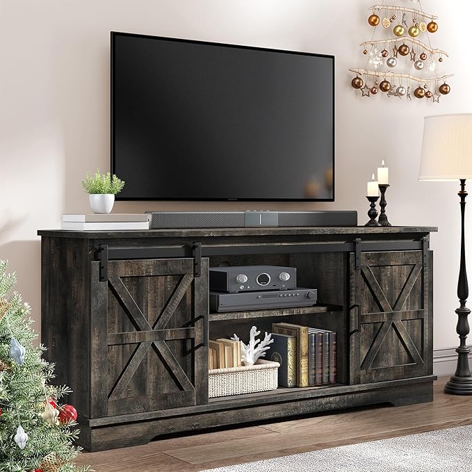YITAHOME Farmhouse TV Stand for 65 Inch Television Stand Entertainment Center with Storage Cabinets and Sliding Barn Doors Rustic Media TV Console Table for Living Room Dark Rustic Oak