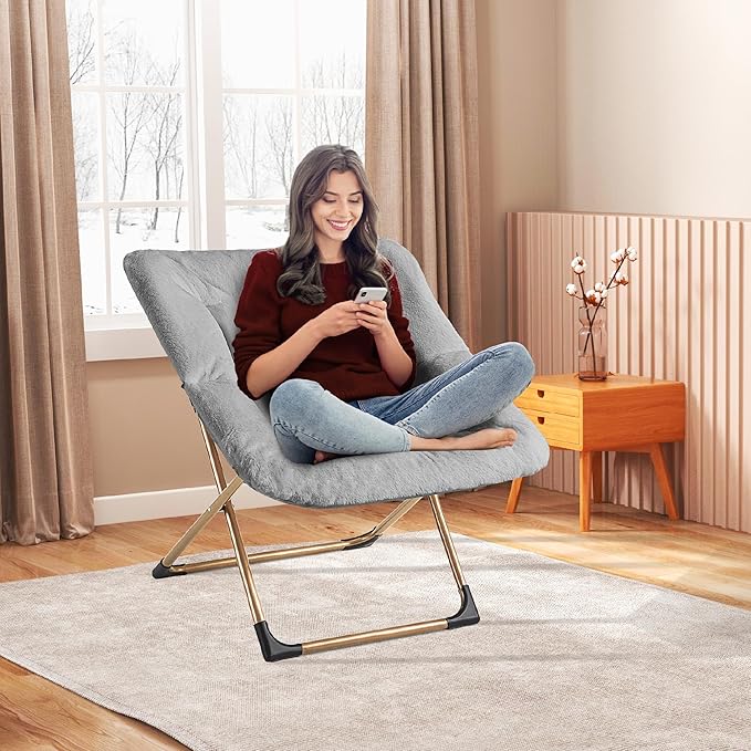 Comfy Oversized Saucer Chair Soft Faux Fur Reading Lounge Chair for Adults Stable X-Large Metal Frame and Non-Slip Pad Foldable Cozy Chairs for Bedroom Living Room Dorm Light Gray